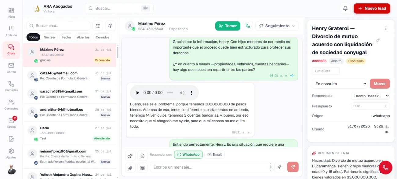 Bandeja unificada del CRM con un chat abierto y el panel del lead