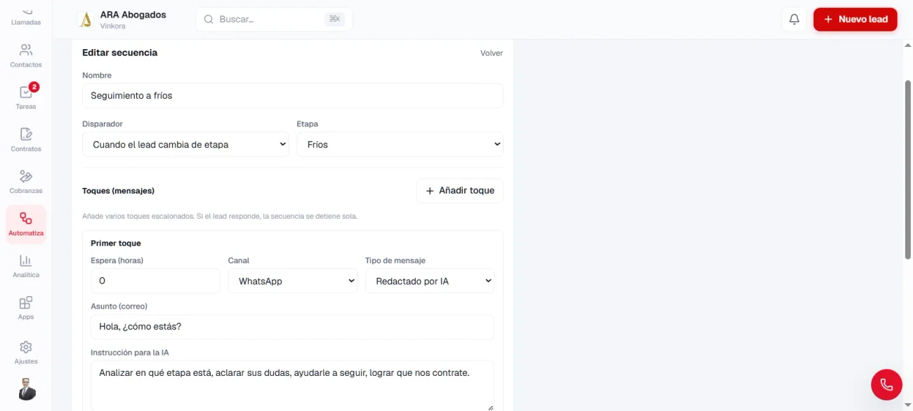 Secuencia de seguimiento automático configurada por etapa